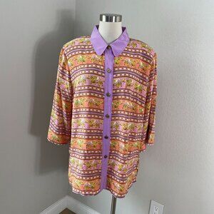 NEW Bob Mackie Womens Plus 1X Wearable Art Silk Button‎ Up Shirt Elephant Print